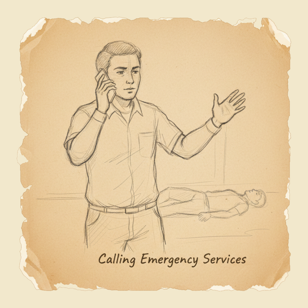 Field sketch: How to call emergency services — three digits, five sentences, the rest of the response