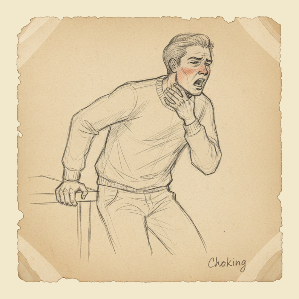 Field sketch: Choking — back blows, chest thrusts, no Heimlich