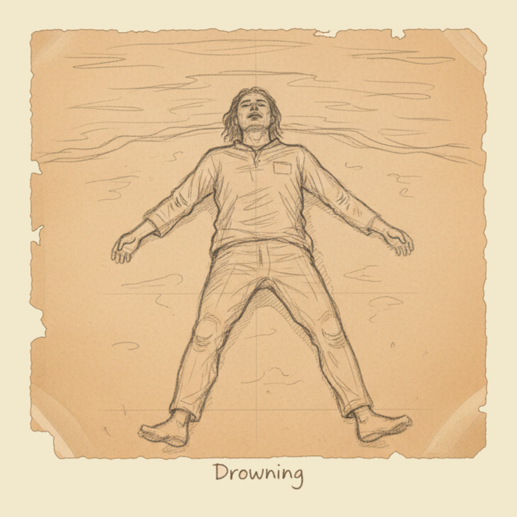 Field sketch: Drowning — five breaths first, then CPR