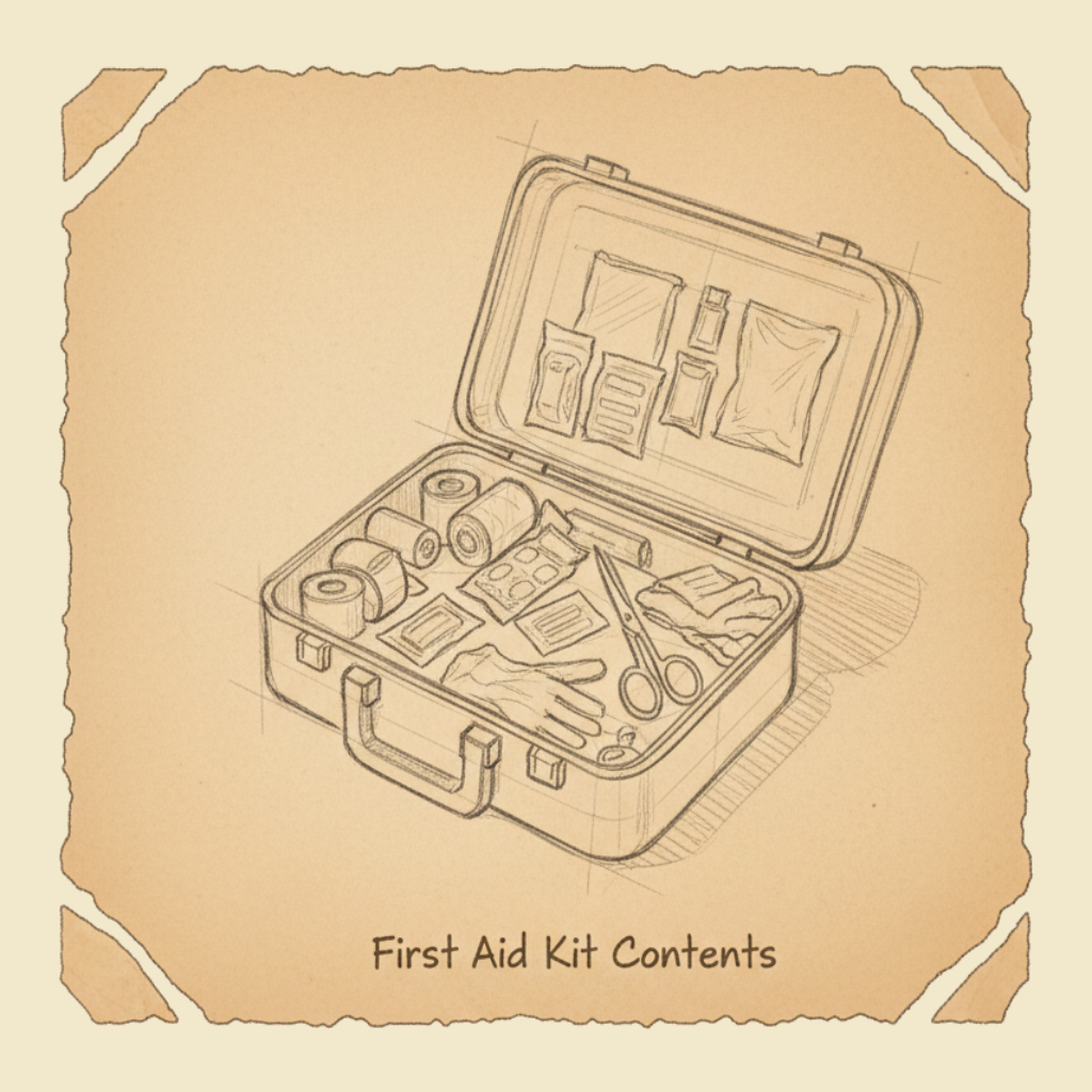 Field sketch: First aid kit contents