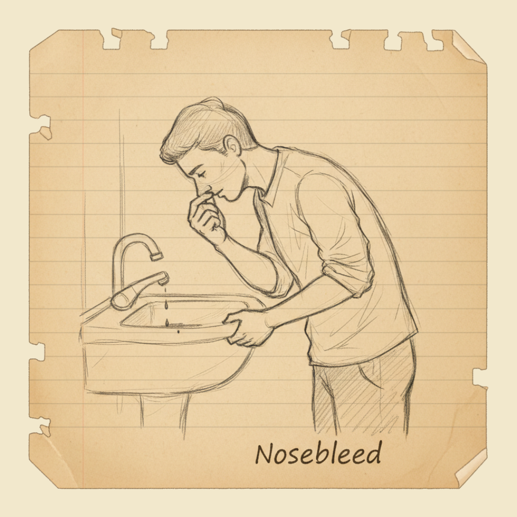 Field sketch: Nosebleed — pinch the soft bit, ten minutes by the clock